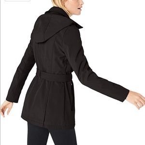 Soft Shell Asymmetrical Zip Belted Coat With Hood